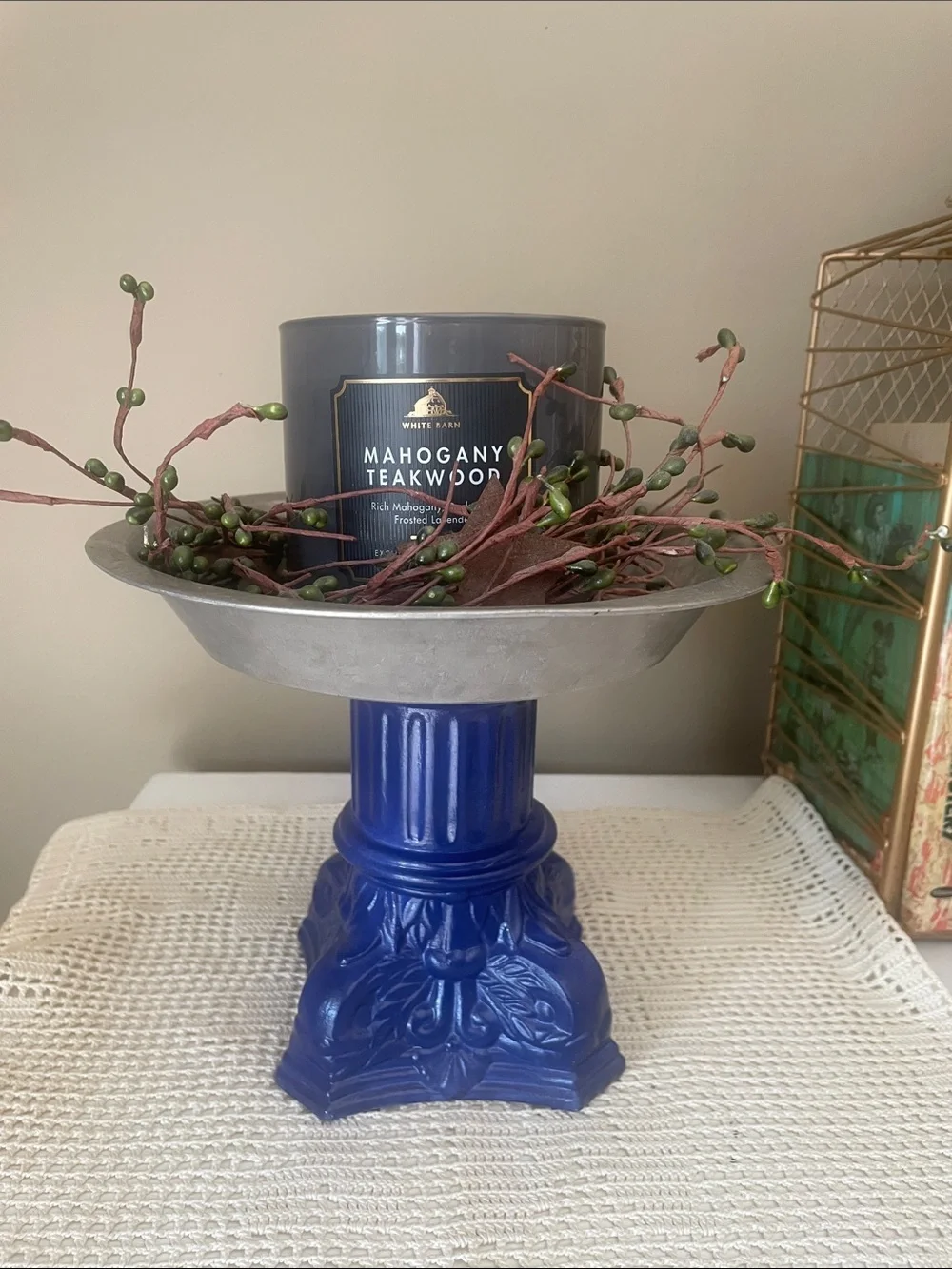 Decorative Pedestal Compote - Blue Base with aluminum top- multiple uses
